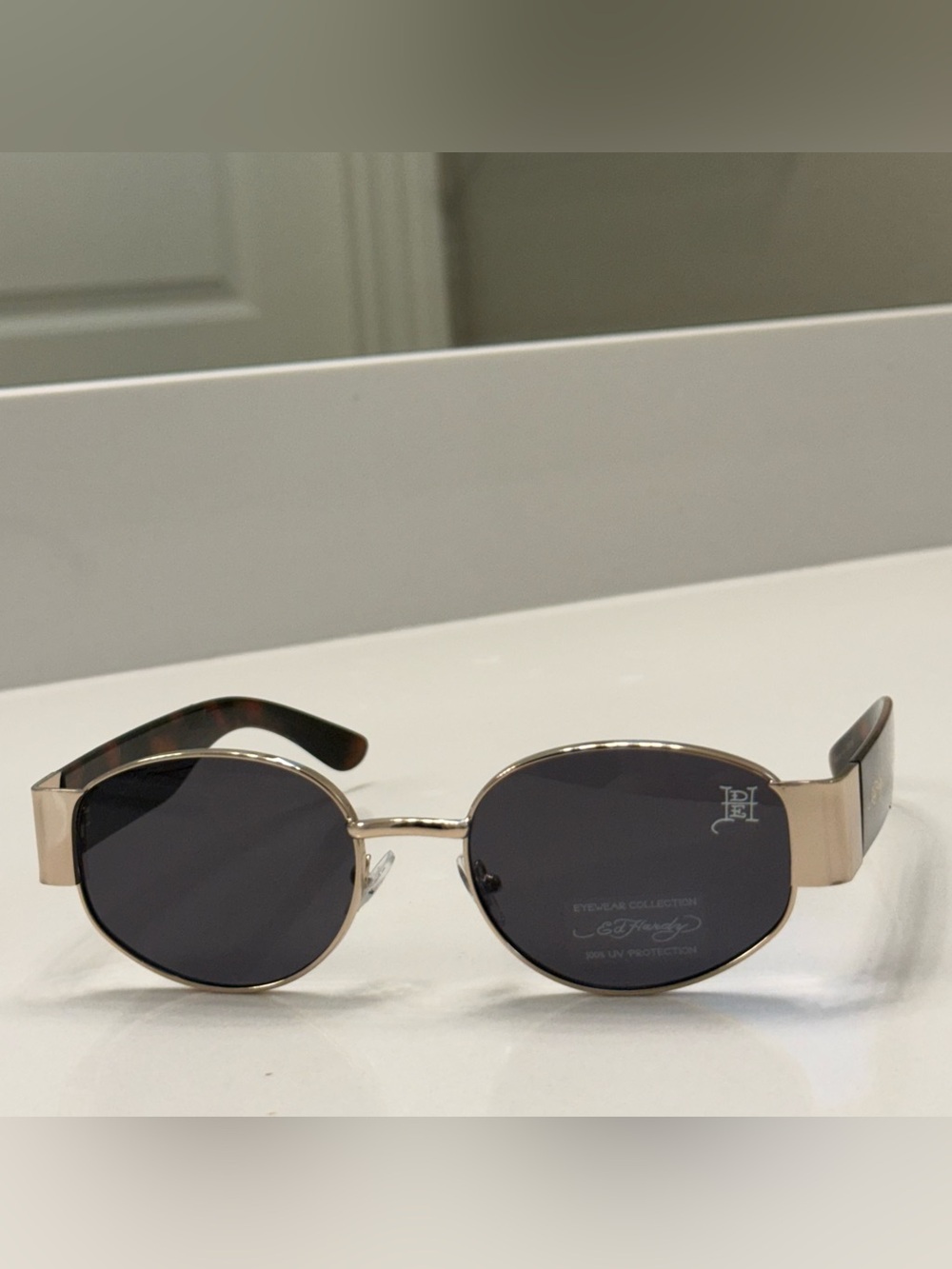 Ed Hardy Gold Metal Oval Sunglasses with DARK GREY Lenses NWOT